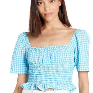 BCBGeneration Blue and White Ruffled Smocked Square Neck Crop Top Size Small